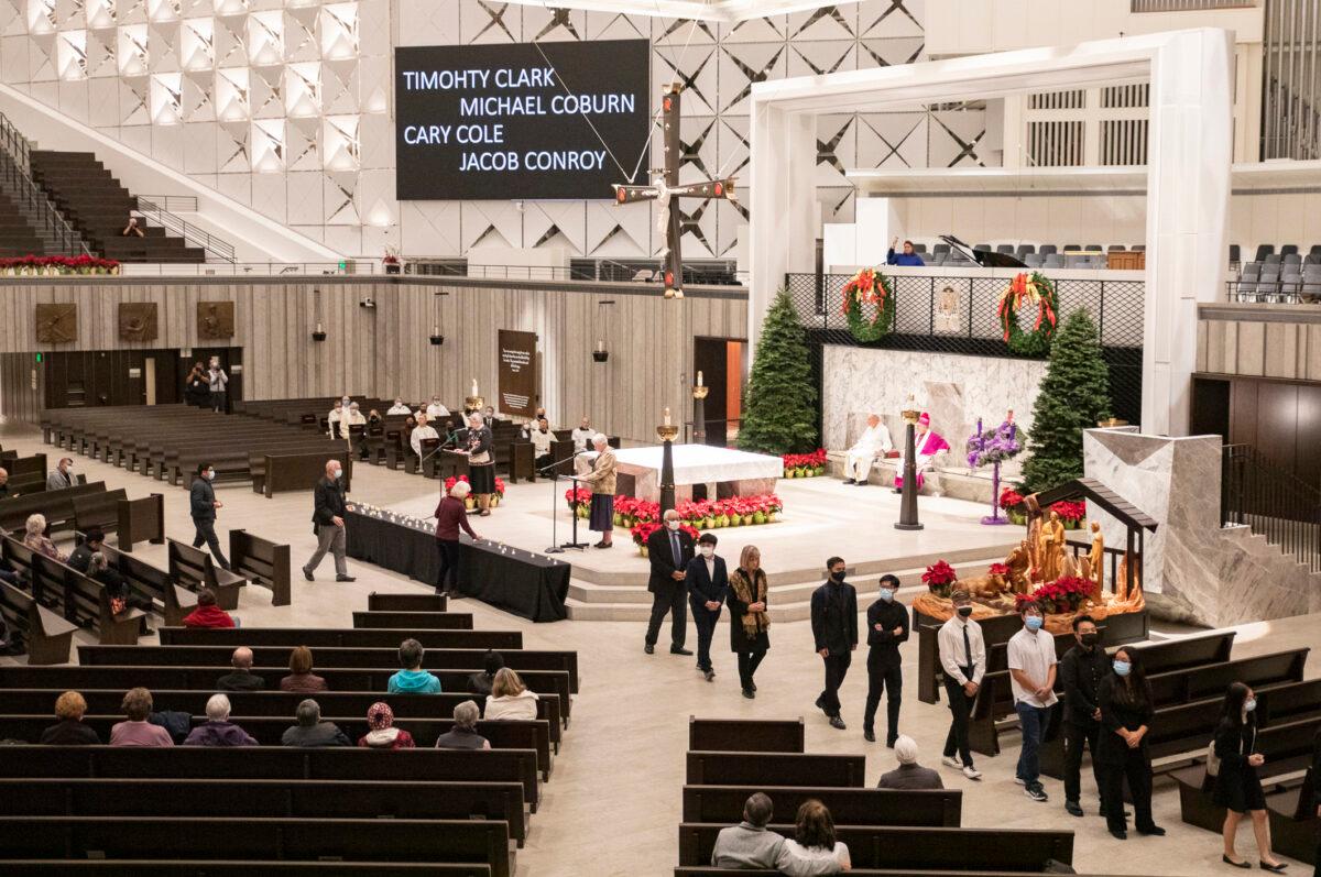 Churchgoers attend a homeless persons inter-religious prayer memorial service at Christ Cathedral in Garden Grove, Calif., on Dec. 21, 2021.