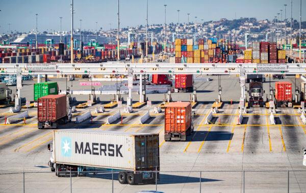 Cargo awaits to be transferred from the Ports of Los Angeles and Long Beach on Oct. 14, 2021. (John Fredricks/The Epoch Times)