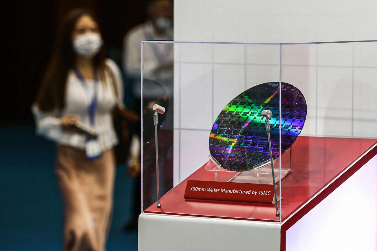 A chip by Taiwan Semiconductor Manufacturing Corp. (TSMC) at the 2020 World Semiconductor Conference in Nanjing, Jiangsu Province, China, on Aug. 26, 2020. (STR/AFP via Getty Images)