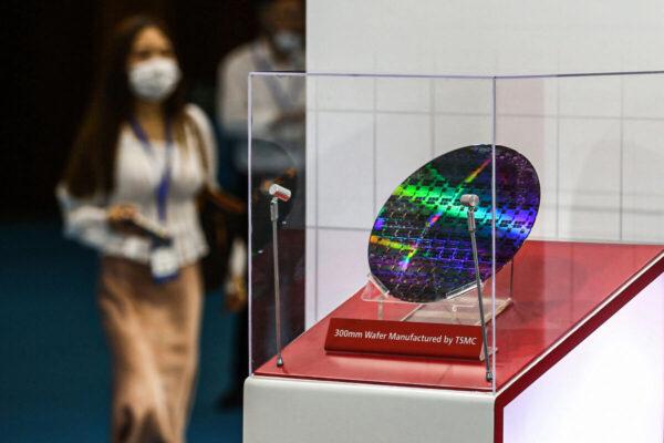 A chip by Taiwan Semiconductor Manufacturing Company at the 2020 World Semiconductor Conference in Nanjing, China's eastern Jiangsu Province on Aug. 26, 2020. (STR/AFP via Getty Images)