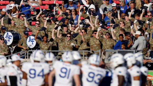 Air Force Falcons fans cheer on their team as Air Force plays the Louisville Cardinals in the first half of the First Responders Bowl at Gerald J. Ford Stadium in Dallas on Dec. 28, 2021. (Ron Jenkins/Getty Images)