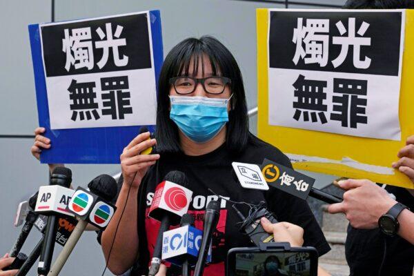 Chow Hang Tung, Vice Chairperson of the Hong Kong Alliance in Support of the Democratic Patriotic Movements of China, leaves after being released on bail at a police station in Hong Kong, on June 5, 2021. (Kin Cheung/AP Photo)