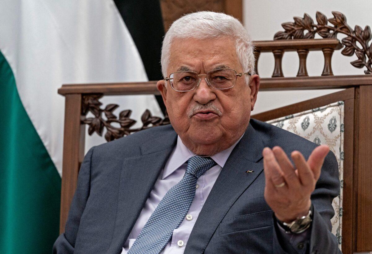 Palestinian President Mahmud Abbas gives a joint statement with the U.S. secretary of state at the Palestinian Authority headquarters in the West Bank city of Ramallah on May 25, 2021. (Alex Brandon/POOL/AFP via Getty Images)