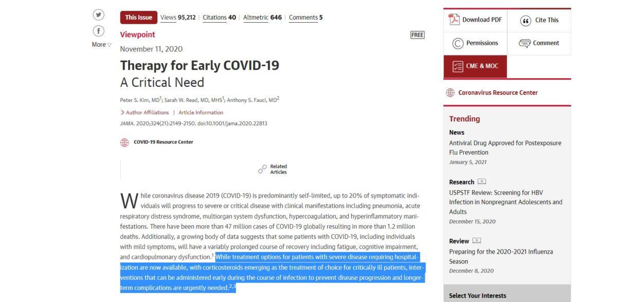 Screenshot of the beginning part of article "Therapy for Early COVID-19 A Critical Need." (JAMANetwork.com/Screenshot via The Epoch Times)