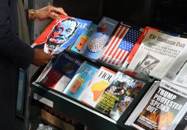 A misinformation newsstand aiming to educate news consumers about the dangers of disinformation, or fake news, in the lead-up to the U.S. midterm elections, in midtown Manhattan on Oct. 30, 2018. (Angela Weiss/Getty Images)