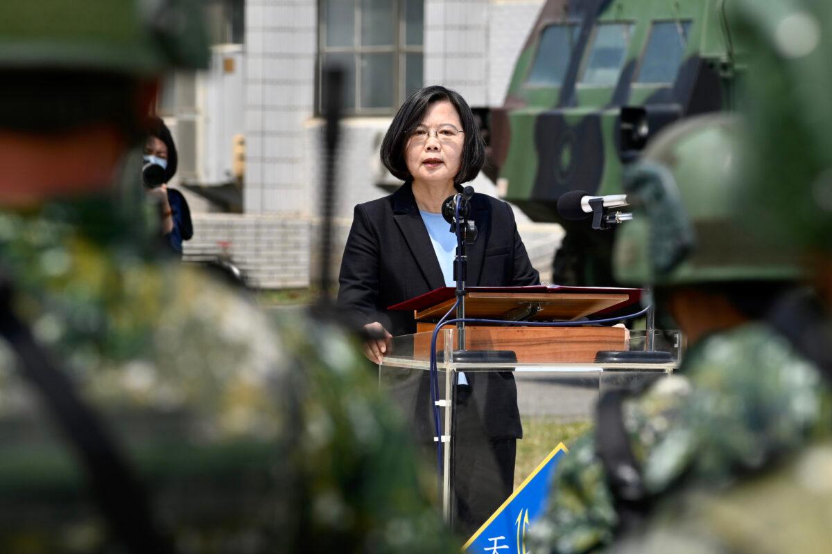 Taiwan President Tsai Ing-wen addresses soldiers amid the COVID-19 pandemic during her visit to a military base in Tainan, southern Taiwan, on April 9, 2020. (Sam Yeh/AFP via Getty Images)