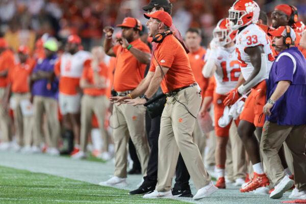 coach Dabo Swinney of the Clemson Tigers reacts during the first quarter against the Iowa State Cyclones in the Cheez-It Bowl Game at Camping World Stadium, in Orlando, Fla., on Dec. 29, 2021. (Douglas P. DeFelice/Getty Images)