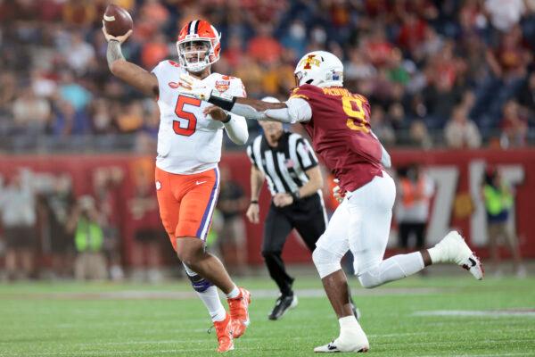 D.J. Uiagalelei #5 of the Clemson Tigers looks to pass the ball during the second quarter against the Iowa State Cyclones in the Cheez-It Bowl Game at Camping World Stadium, in Orlando, Fla., on Dec. 29, 2021. (Douglas P. DeFelice/Getty Images)
