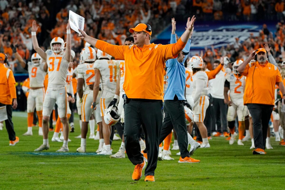 Tennessee head coach Josh Heupel reacts to the ruling that the Purdue defense stopped Tennessee running back Jaylen Wright short of the goal line in overtime of the Music City Bowl NCAA college football game, in Nashville, on Dec. 30, 2021. (Mark Humphrey/Getty Images)