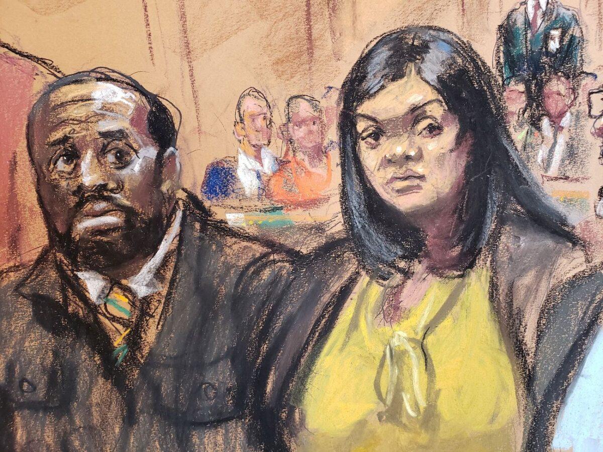 Michael Thomas and Tova Noel appear on charges they falsely certified to having conducted inmate counts during Jeffrey Epstein's final hours at the Federal Court in New York City, New York, on Nov. 25, 2019. (Jane Rosenberg/courtroom sketch/Reuters)