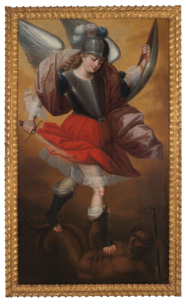 "Saint Michael the Archangel," late 17th–18th century, by an unidentified, possibly Bolivian  artist. Oil on canvas; 67 1/8 inches by 38 7/8 inches. Collection of Carl & Marilynn Thoma. (Jamie Stukenberg/Courtesy of the Carl & Marilynn Thoma Foundation)
