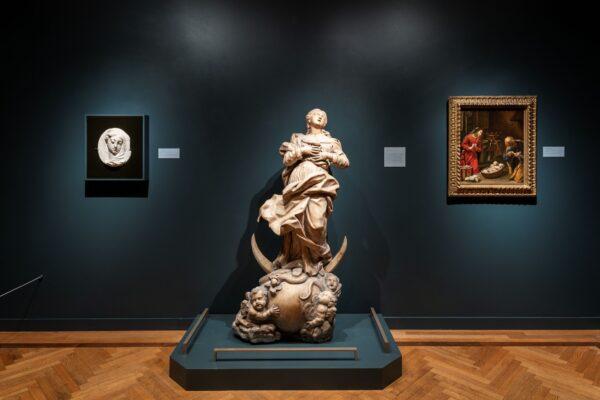 (L–R) "Head of the Virgin," circa 1700–1725, by Giuseppe Mazza; marble. "Immaculate Conception," circa 1700, by Peter Strudel; marble. "The Holy Family," circa 1730, by Giuseppe Maria Crespi; oil on canvas. Van Ackeren Collection of Religious Art, Greenlease Gallery, Rockhurst University. (Gabe Hopkins/Courtesy of the Nelson-Atkins Museum of Art)