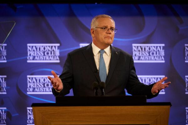 Australian Prime Minister Scott Morrison speaks about his management of the pandemic at the National Press Club in Canberra, Australia, on Feb. 1, 2022. (Rohan Thomson/Getty Images)