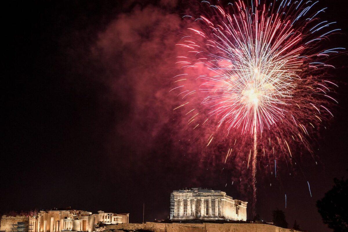 Fireforks explode over the ancient Acropolis in Athens during the New Year's Eve celebrations on Dec. 31, 2021. (Louisa Gouliamaki/AFP via Getty Images)