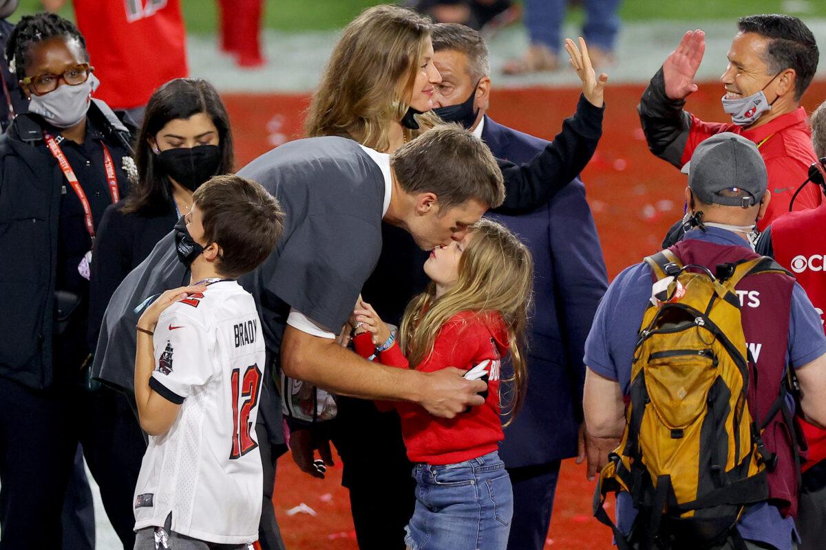 Tom Brady #12 of the Tampa Bay Buccaneers celebrates with daughter Vivian Brady after winning Super Bowl LV at Raymond James Stadium in Tampa, Fla., on Feb. 7, 2021. (Kevin C. Cox/Getty Images)
