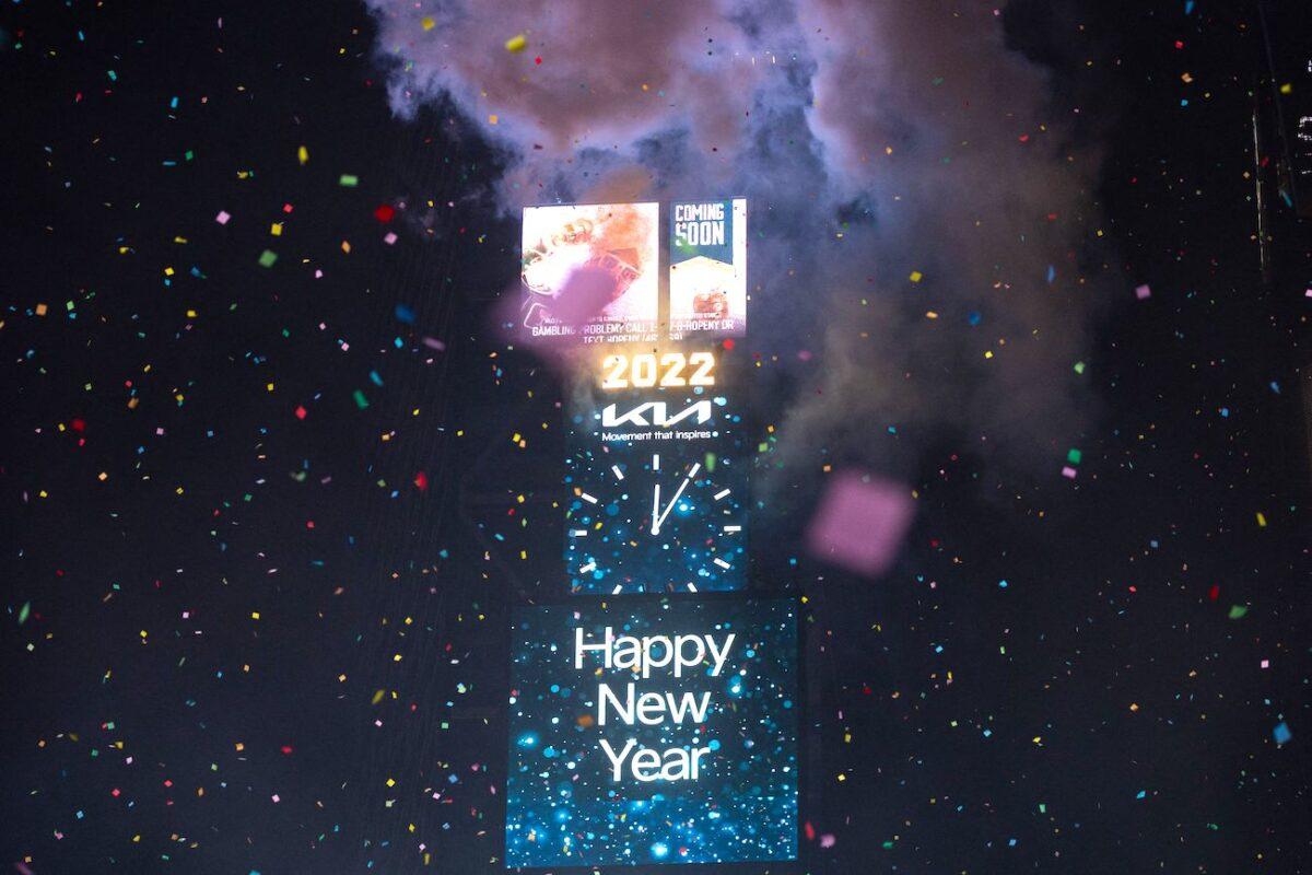 Confetti flies in the air at Times Square to mark the New Year in New York City on Jan. 1, 2022. (Yuki Iwamura/AFP via Getty Images)