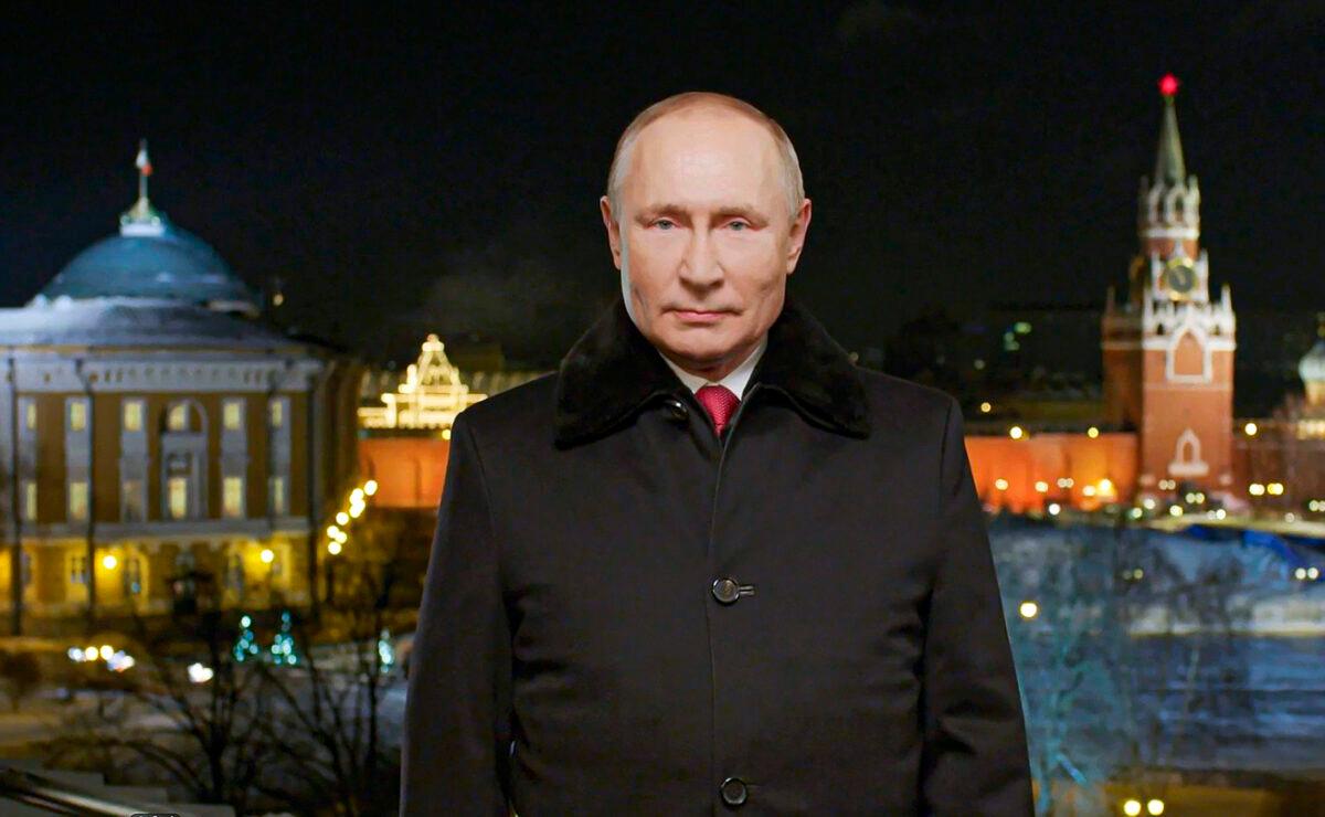 Russian President Vladimir Putin speaks during a recording of his annual televised New Year's message on New Year's eve in the Kremlin in Moscow, Russia. (Kremlin/Pool via AP)