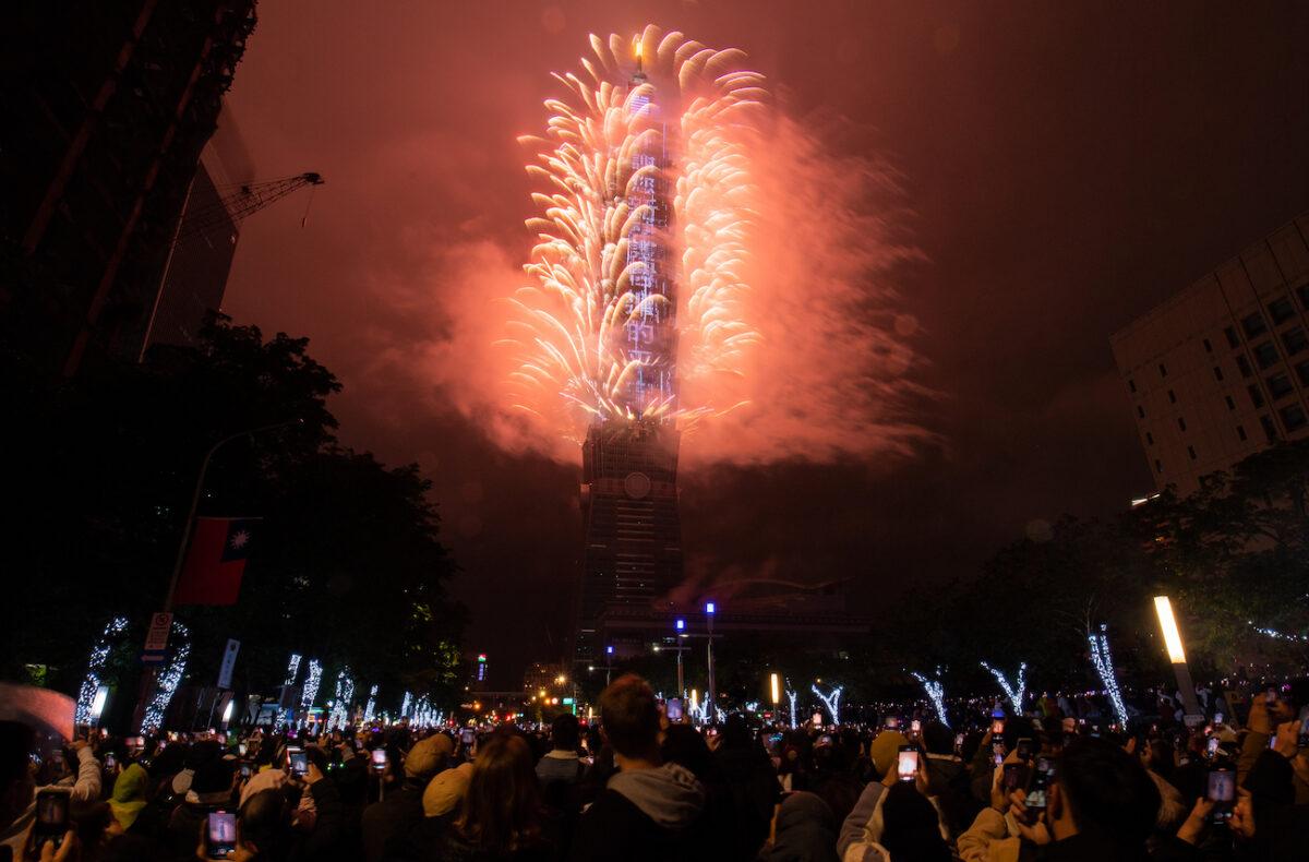 Fireworks light up the Taiwan skyline and Taipei 101 during New Year's Eve celebrations in Taipei, Taiwan, on Jan. 1, 2022. (Gene Wang/Getty Images)