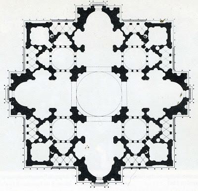 Bramante’s design of a Greek cross, with four identical arms within a square. A dome is situated above the center with four smaller domes above each arm of the cross. These elements are centered around the focal point: St. Peter’s tomb. (Bramante/CC BY-SA 4.0)
