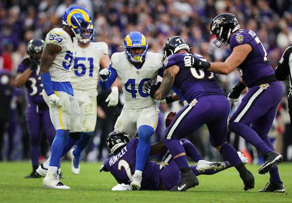 Von Miller #40 of the Los Angeles Rams celebrates after sacking Tyler Huntley #2 of the Baltimore Ravens in the fourth quarter of the game at M&T Bank Stadium, in Baltimore, on January 2, 2022. (Rob Carr/Getty Images)