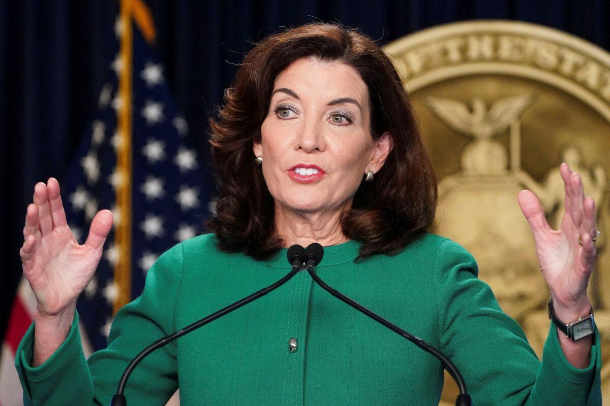 New York Gov. Kathy Hochul speaks during a news conference in the Manhattan borough of New York City on Dec. 14, 2021. (Carlo Allegri/Reuters)