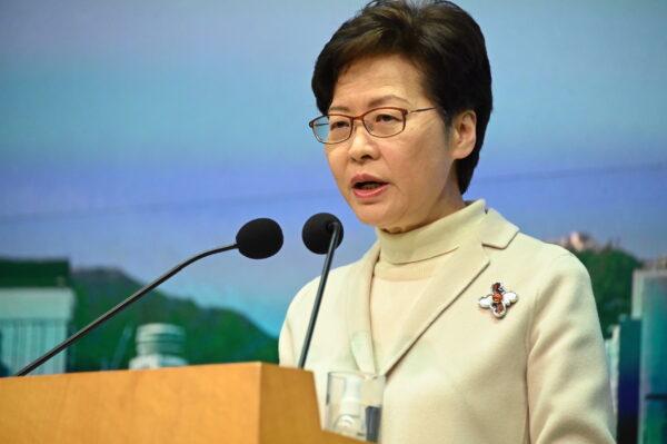 Hong Kong leader Carrie Lam speaks during her weekly press conference in Hong Kong on Jan. 4, 2022. (Bill Cox/The Epoch Times)