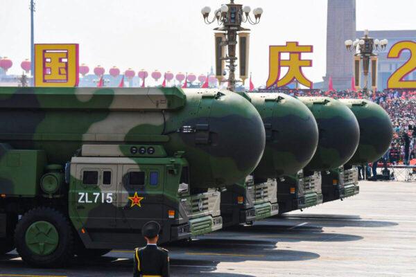  China's DF-41 nuclear-capable intercontinental ballistic missiles are seen during a military parade at Tiananmen Square in Beijing on Oct. 1, 2019. (Greg Baker/AFP via Getty Images)