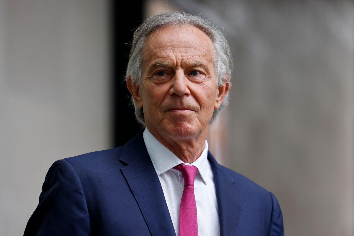 Former British Prime Minister Tony Blair leaves the BBC in central London, after appearing on the BBC political programme "The Andrew Marr Show," on June 6, 2021. (Tolga Akmen/AFP via Getty Images)