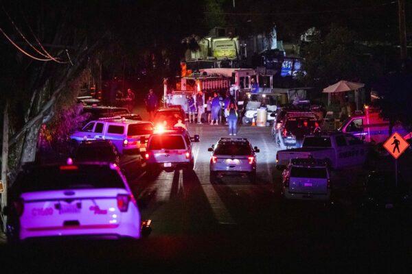 Police vehicles arrive on the scene of the investigation following a deadly shooting at the Gilroy Garlic Festival in Gilroy, 80 miles south of San Francisco, Calif., on July 28, 2019. (PHILIP PACHECO/AFP via Getty Images)