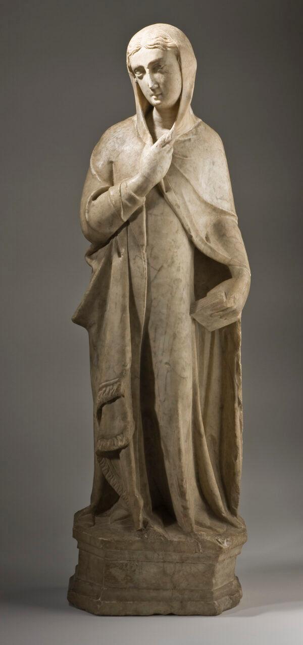 "The Virgin Annunciate," first half of the 14th century, attributed to Agostino di Giovanni. Marble; 37 inches by 11 inches by 6-1/2 inches. (The Norton Simon Foundation)