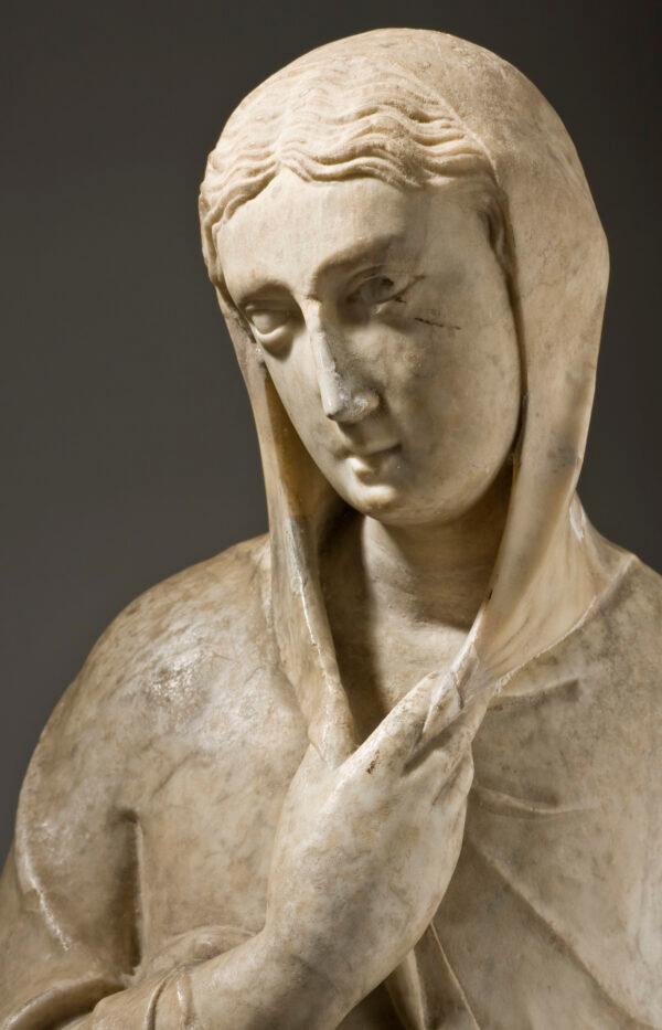 Detail of "The Virgin Annunciate," first half of the 14th century. Marble; 37 inches by 11 inches by 6-1/2 inches. (The Norton Simon Foundation)