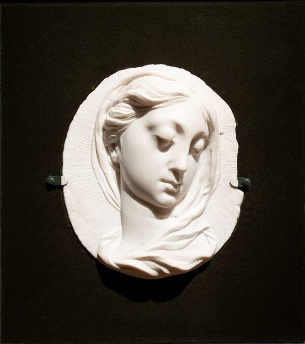 "Head of the Virgin," circa 1700–1725, by Giuseppe Mazza; marble. Gift of Mr. and Mrs. Elmer Pierson in memory of Mrs. Daisy C. Kahmann; Van Ackeren Collection of Religious Art, Greenlease Gallery, Rockhurst University. (Gabe Hopkins/Courtesy of the Nelson-Atkins Museum of Art)