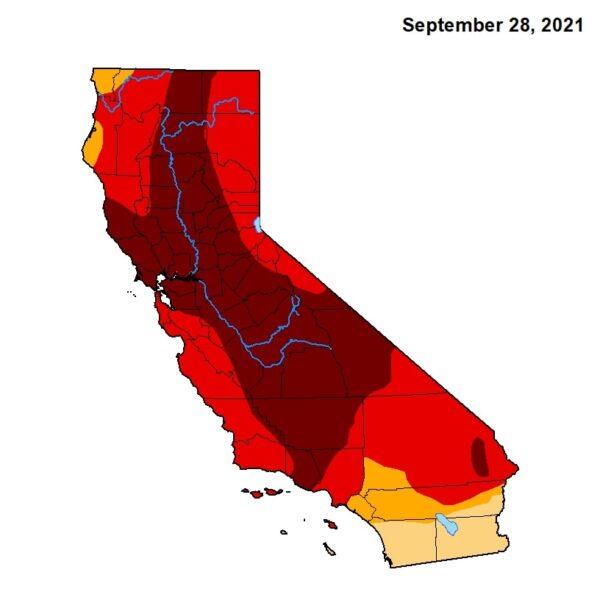 A map shows California’s drought conditions on Sept. 28, 2021. (U.S. Drought Monitor)