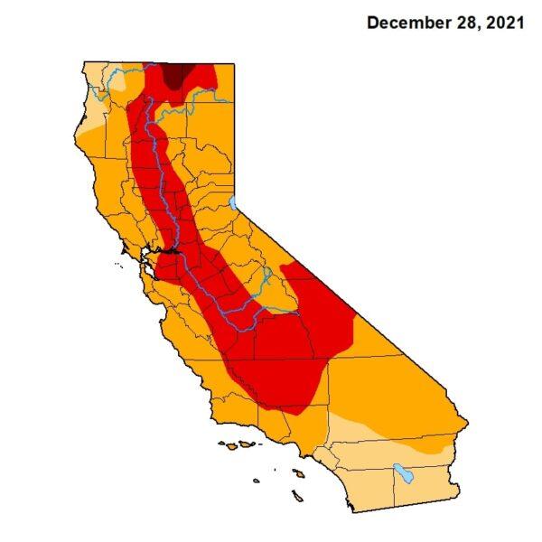 A map shows California’s drought conditions on Dec. 28, 2021. (U.S. Drought Monitor)