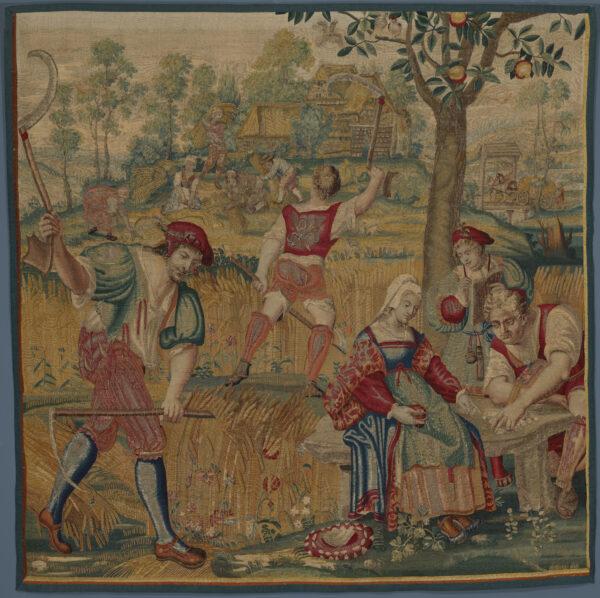 "Four Seasons: Summer: Harvest Scene," late 1600s–early 1700s, Gobelins Manufactory (France, Paris). Wool, silk, and gold filé: tapestry weave; 99 1/2 inches by 100 1/2 inches. Gift of Francis Ginn, Marian Ginn Jones, Barbara Ginn Griesinger, and Alexander Ginn in memory of Frank Hadley Ginn and Cornelia Root Ginn, The Cleveland Museum of Art. (The Cleveland Museum of Art)