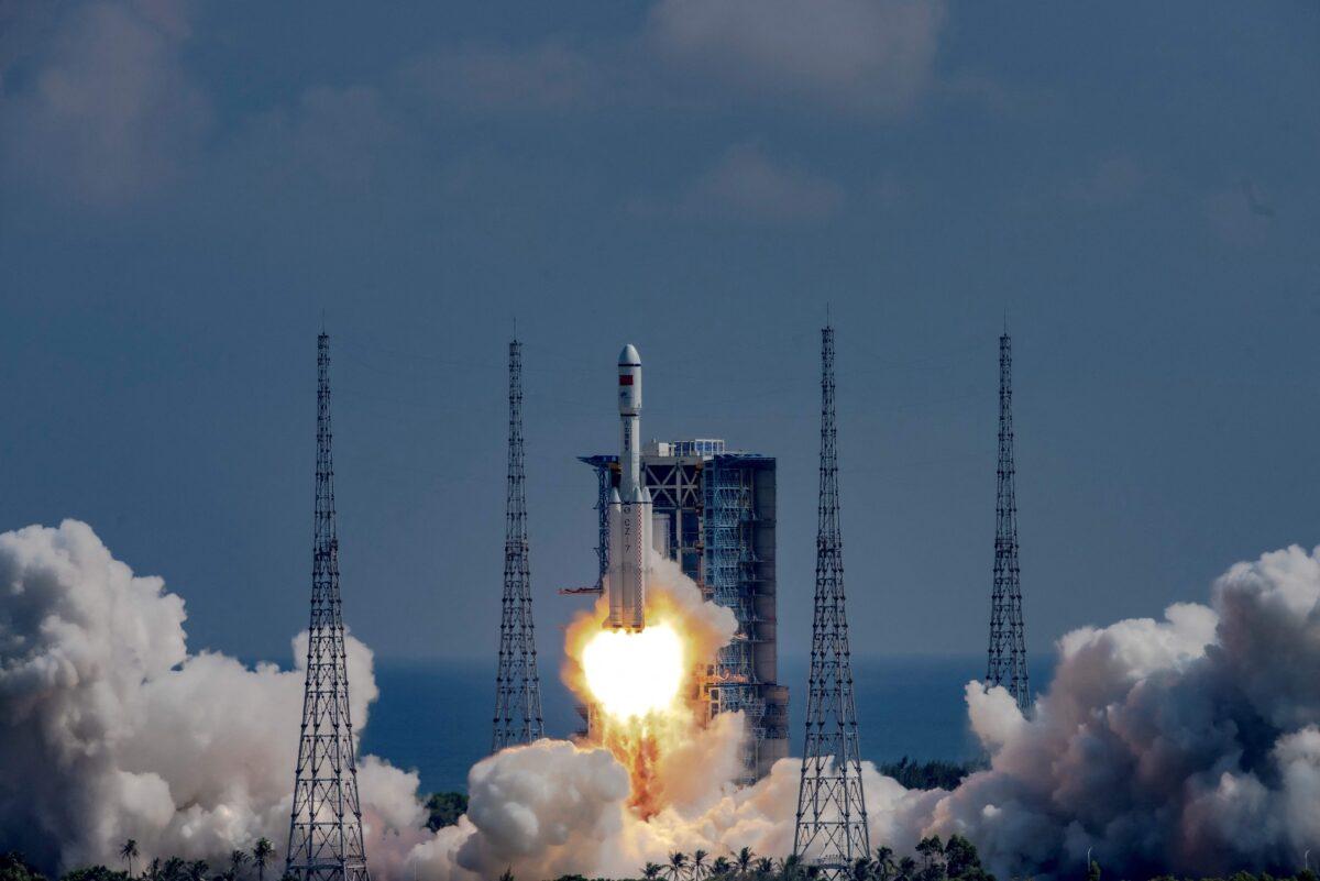 A Long March 7Y4 rocket carrying the Tianzhou 3 cargo ship launches from the Wenchang Space Launch Center, in China's southern Hainan Province, on a mission to deliver supplies to China's Tiangong space station, on Sept. 20, 2021. (STR/AFP via Getty Images)