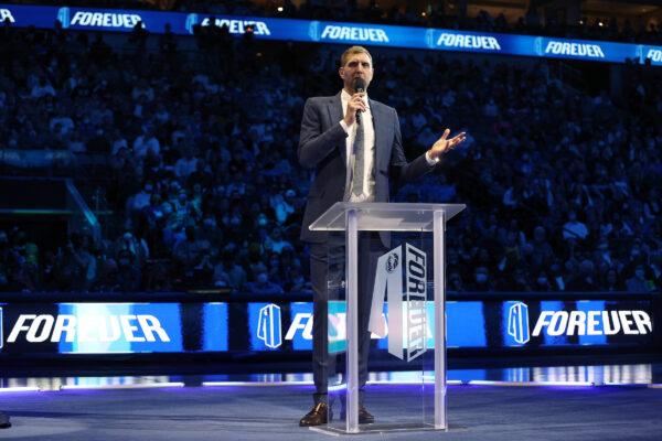 Former Dallas Mavericks player Dirk Nowitzki addresses the crowd during a ceremony honoring his career and retiring his No. 41 jersey at American Airlines Center, in Dallas, on Jan. 5, 2022. (Tom Pennington/Getty Images)