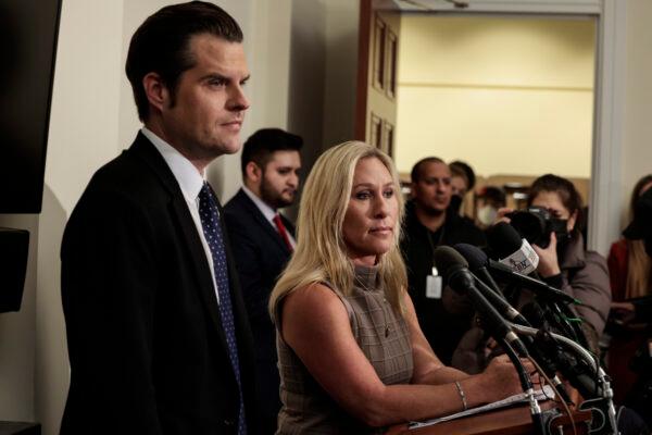 U.S. Rep. Matt Gaetz (R-Fla.) and Rep. Marjorie Taylor Greene (R-Ga.) speak at a news conference on Republican lawmakers' response to the breach of the U.S. Capitol in Washington on Jan. 6, 2022. (Anna Moneymaker/Getty Images)