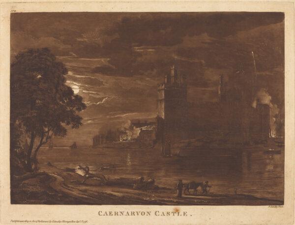 "Caernarvon Castle (Night)," 1776, by Paul Sandby. Etching and aquatint printed in brown on laid paper sheet; 11 7/16 inches by 14 5/8 inches. Gift of Ruth B. Benedict, National Gallery of Art, Washington. (National Gallery of Art, Washington)
