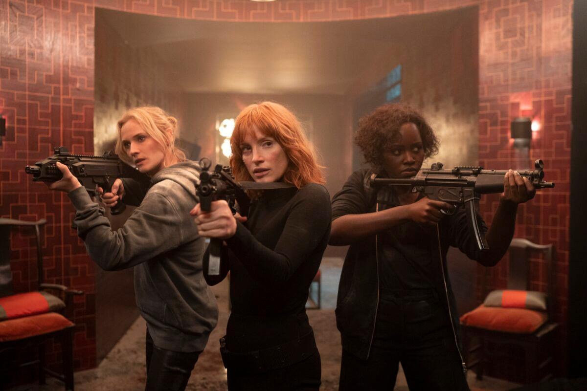 (L–R) Diane Kruger, Jessica Chastain, and Lupita Nyong’o play German, American, and British spies, respectively, in "The 355." (Universal Pictures)
