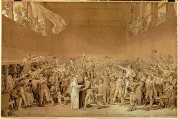 "The Oath of the Tennis Court," 1791, by Jacques Louis David. Pen and brown ink, pen and black ink, brush and brown wash, heightened with white, over black chalk. Musée du Louvre, Paris, on deposit at the Musée National des Châteaux de Versailles et de Trianon. (Gérard Blot/RMN-Grand Palais/Art Resource, NY)