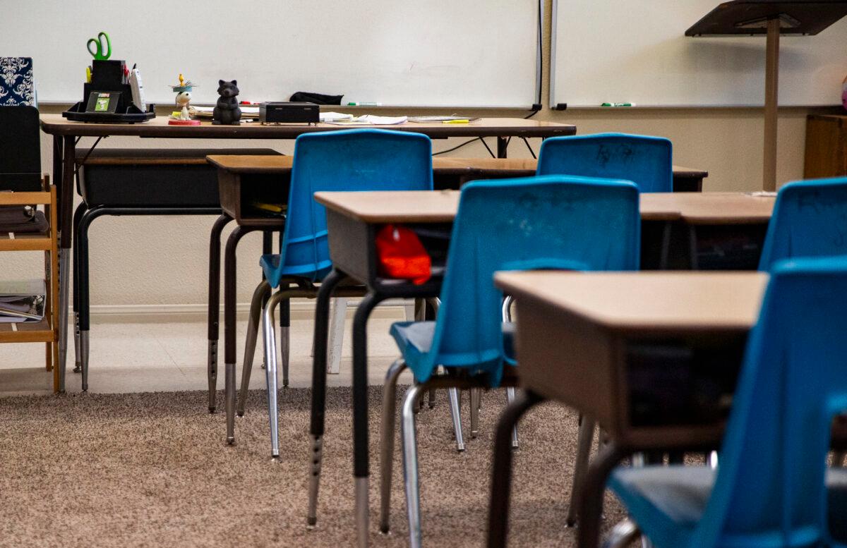 In this file photo, a school classroom is seen in Tustin, Calif., on March 10, 2021. (John Fredricks/The Epoch Times)