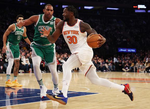 Julius Randle #30 of the New York Knicks drives against Al Horford #42 of the Boston Celtics during their game at Madison Square Garden, in New York City, on Jan. 6, 2022. (Al Bello/Getty Images)
