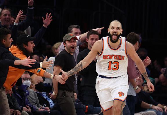 Evan Fournier #13 of the New York Knicks celebrates a basket against the Boston Celtics during their game at Madison Square Garden, in New York City, on Jan. 6, 2022. (Al Bello/Getty Images)