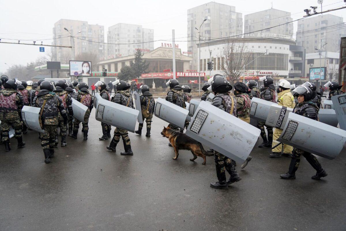 Riot police gather to block demonstrators during a protest in Almaty, Kazakhstan, on Jan. 5, 2022. (Vladimir Tretyakov/AP Photo)