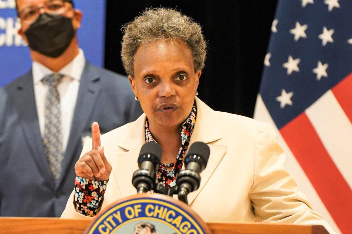 Chicago Mayor Lori Lightfoot speaks during a June 2021 press conference. (Cara Ding/The Epoch Times)