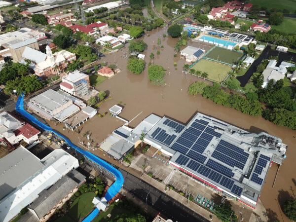 An aerial view of floodwaters impacting the CBD of Maryborough in the wake of former tropical Cyclone Seth in Brisbane, Australia, on Jan. 9, 2022. (AAP Image/Supplied by Jade Wellings)