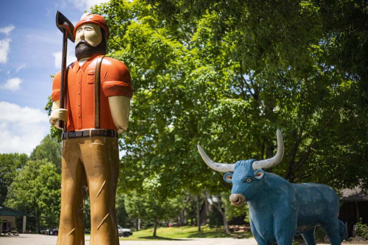 Paul Bunyan and Babe the Blue Ox welcome visitors to the logging camp in Eau Claire, Wisconsin's, Carson Park. (Courtesy of Michaela Beal)