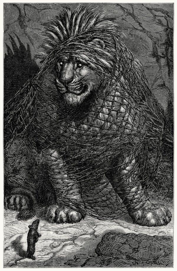“The Lion and the Mouse” illustrated by Ernest Griset, from “Aesop’s Fables,” 1869.