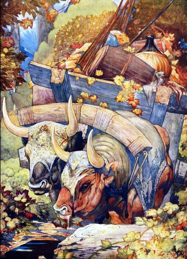An illustration of "The Oxen and the Axle-Trees" by Edward Julius Detmold from the 1909 edition of "The Fables of Aesop." (PD-US)